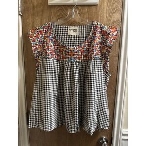 Savanna Jane Gingham Black White Check Plaid Multicolor Embroidered Top 2X NWOT
